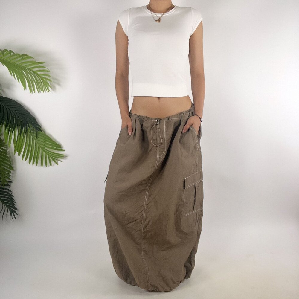 Y2K Style Olive Gorpcore Granola Girl Utility Low Rise Maxi Cargo Skirt / Large
